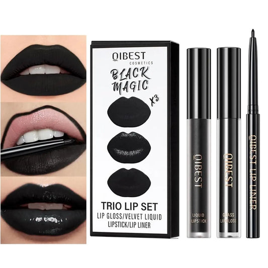 3Pcs Black Matte Liquid Lipstick,High-Pigment Lip Colors,3 in 1 Black Lipstick and Lip Liner Lip Gloss Trio Lip Set Moisturizing Velvet Long-Lasting Waterproof Lip Makeup Set for Women and Girls