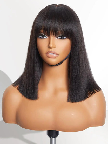 12 Inch Light Yaki Straight Bob Wig with Bangs Human Hair Realistic HD Lace Short Black Bob Wigs, Ready to Go Blunt Cut Bob Wig Glueless 180 Density