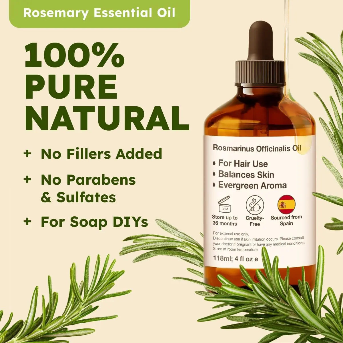 Kukka Rosemary Oil for Hair - 4 Fl Oz - 100% Pure Natural Rosemary Essential Oil - a Great Addition for Shampoo & Scalp Treatments - Made for Hair Care, Skin, Diffusers, Aromatherapy & DIY Soap Making