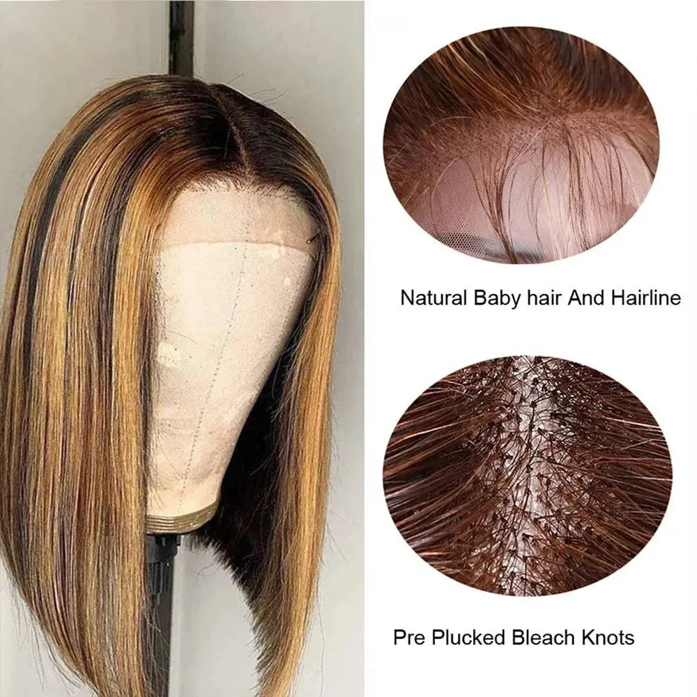 Ombre Highlight Lace Front Bob Wig - 10 Inch Human Hair Straight Wig with 13X4 Lace Frontal, 180% Density, Pre-Plucked, Ombre Blonde for Women