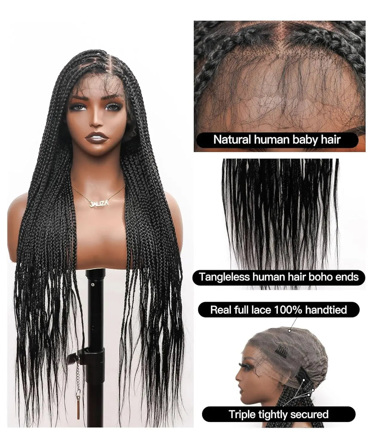 32" Boho Knotless Box Braided Wigs for Black Women Girls,Box Braided Wigs Full Lace Handmade with Human Hair Baby Hair,Human Hair Boho Braid Wig,Black