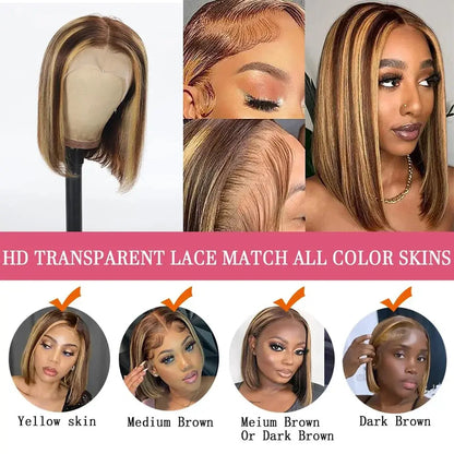 Ombre Highlight Lace Front Bob Wig - 10 Inch Human Hair Straight Wig with 13X4 Lace Frontal, 180% Density, Pre-Plucked, Ombre Blonde for Women