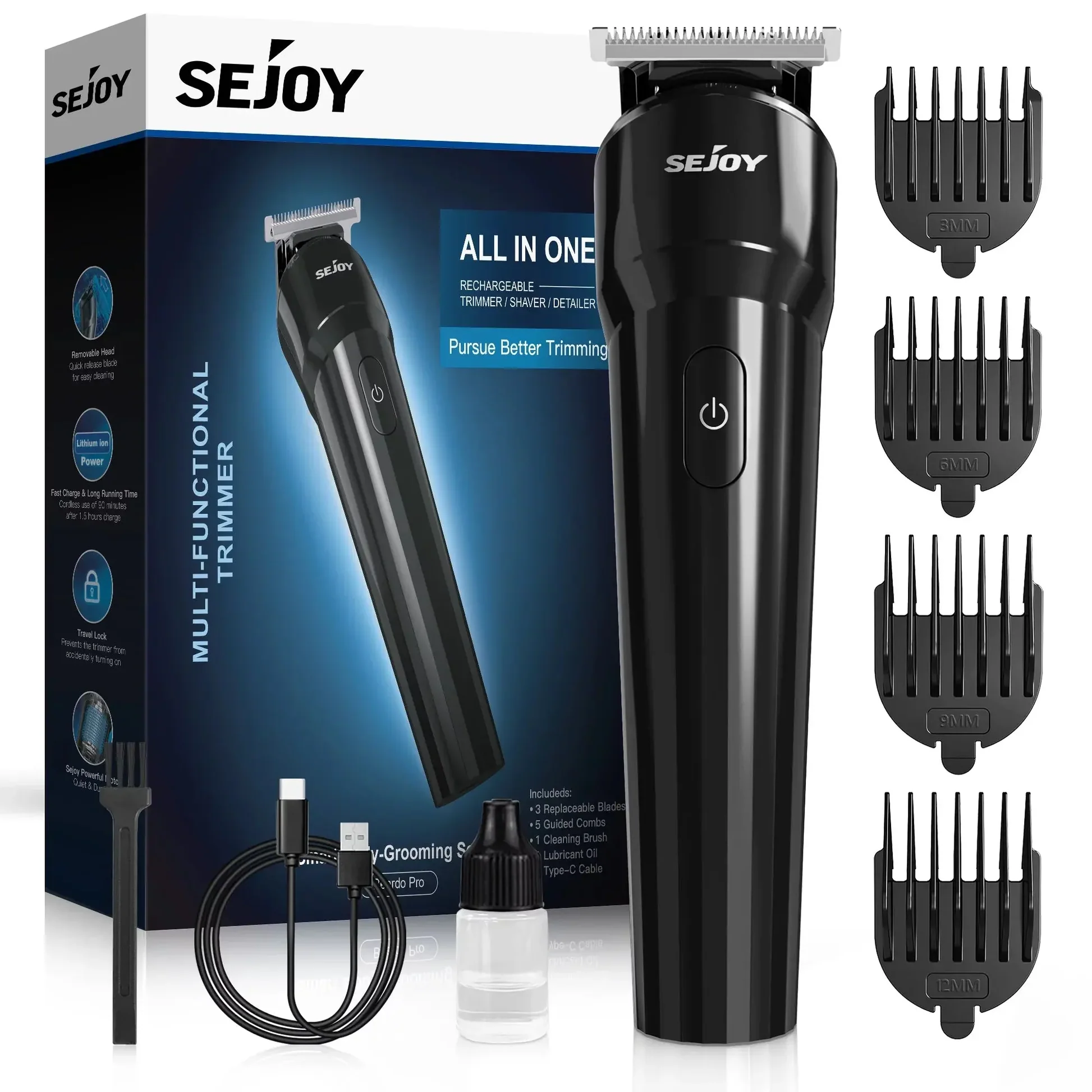 Electric Hair Trimmer for Beard, Groin Hair, and Body Hair, Painlessly Remove Hair, 4 Adjustable Combs, 90 Min Battery Life, Black