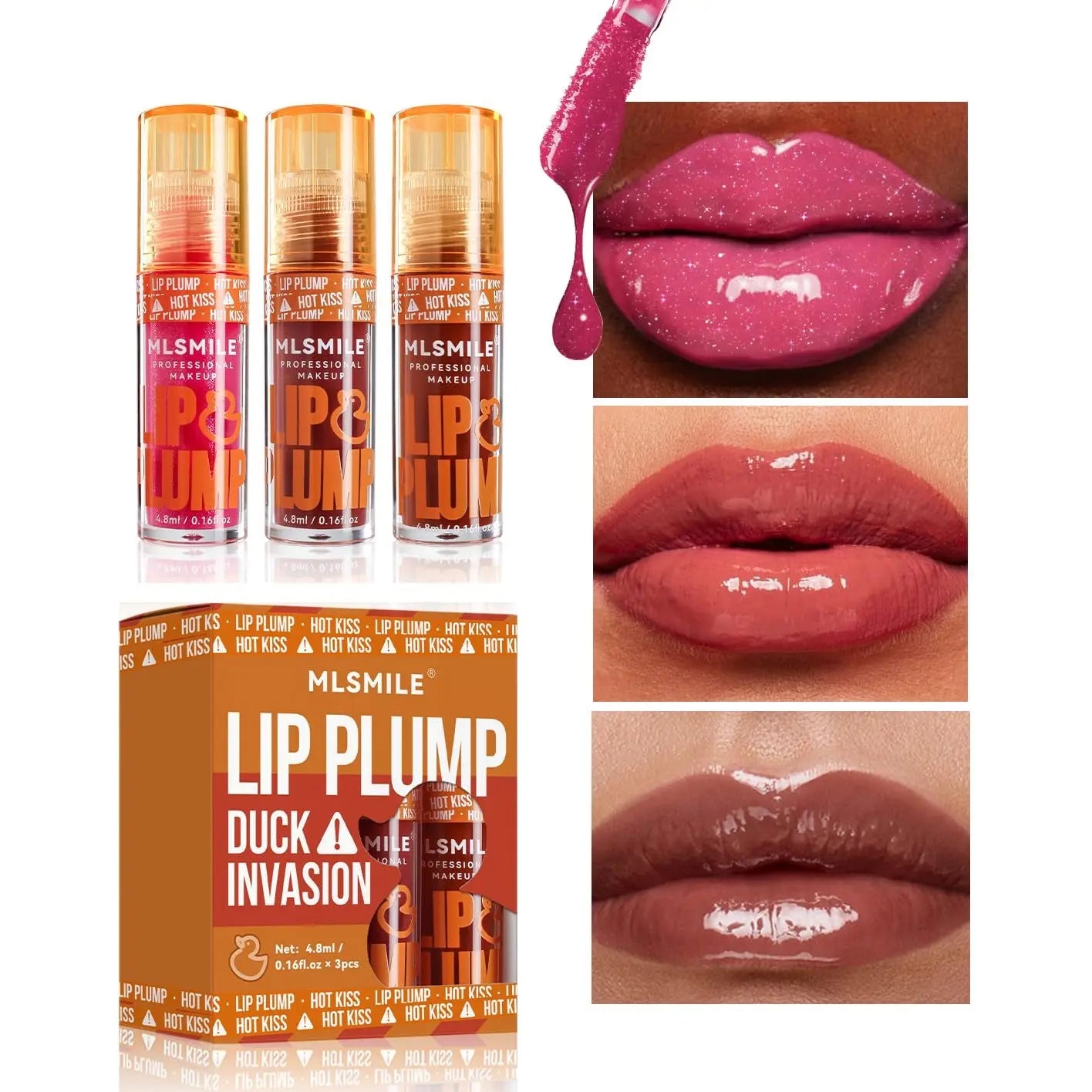 3 Colors Duck Lip Plumper Gloss, High Pigment Glitter Shine Primer Lip Tint, Non-Sticky Korean Clear Plumping Gloss for Fuller, Sexy Lips (Set B, 3Pcs/Set)