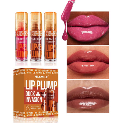 3 Colors Duck Lip Plumper Gloss, High Pigment Glitter Shine Primer Lip Tint, Non-Sticky Korean Clear Plumping Gloss for Fuller, Sexy Lips (Set B, 3Pcs/Set)