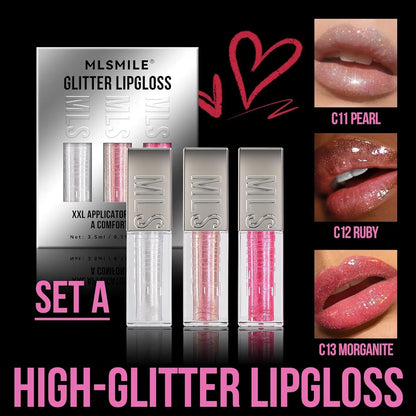 3 PCS Glitter Lip Gloss Set, Hydrating Nourishing Sparkling Plumping Lip Oil, Long Lasting Glossy Lip Balm Lip Care, Transparent Moisturizing No-Sticky Lip Gloss