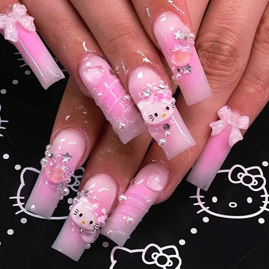 24Pcs Pink Coffin Nails Press on Nails Long Coffin Fake Nails with 3D Heart Pearl Star Nail Charms Design Nail Gems Diamond Pink Acrylic Nails Supply Full Cover False Nails Stick on Nails for Women