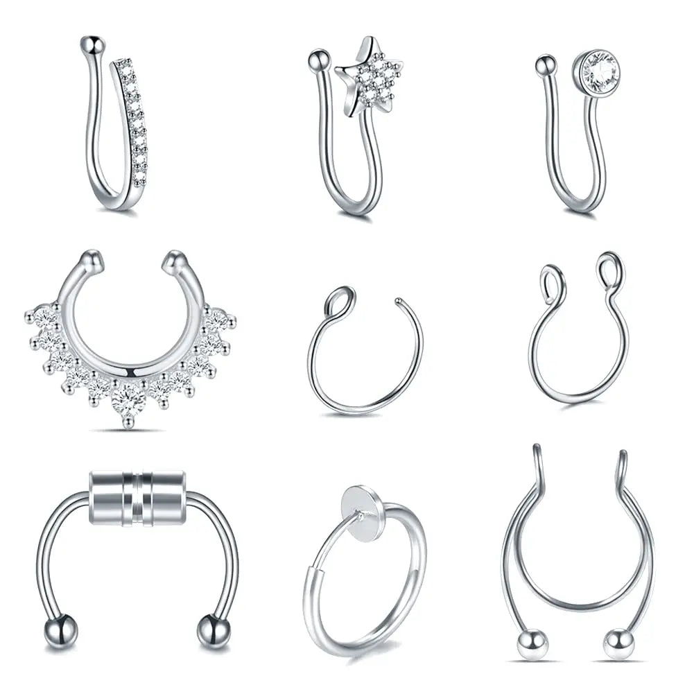 Faux Nose Septum Fake Nose Rings Fake Nose Piercing Studs Rings Stainless Steel Faux Nose Hoop Rings Non Piercing Jewelry for Women Men GlowBeautyCo.