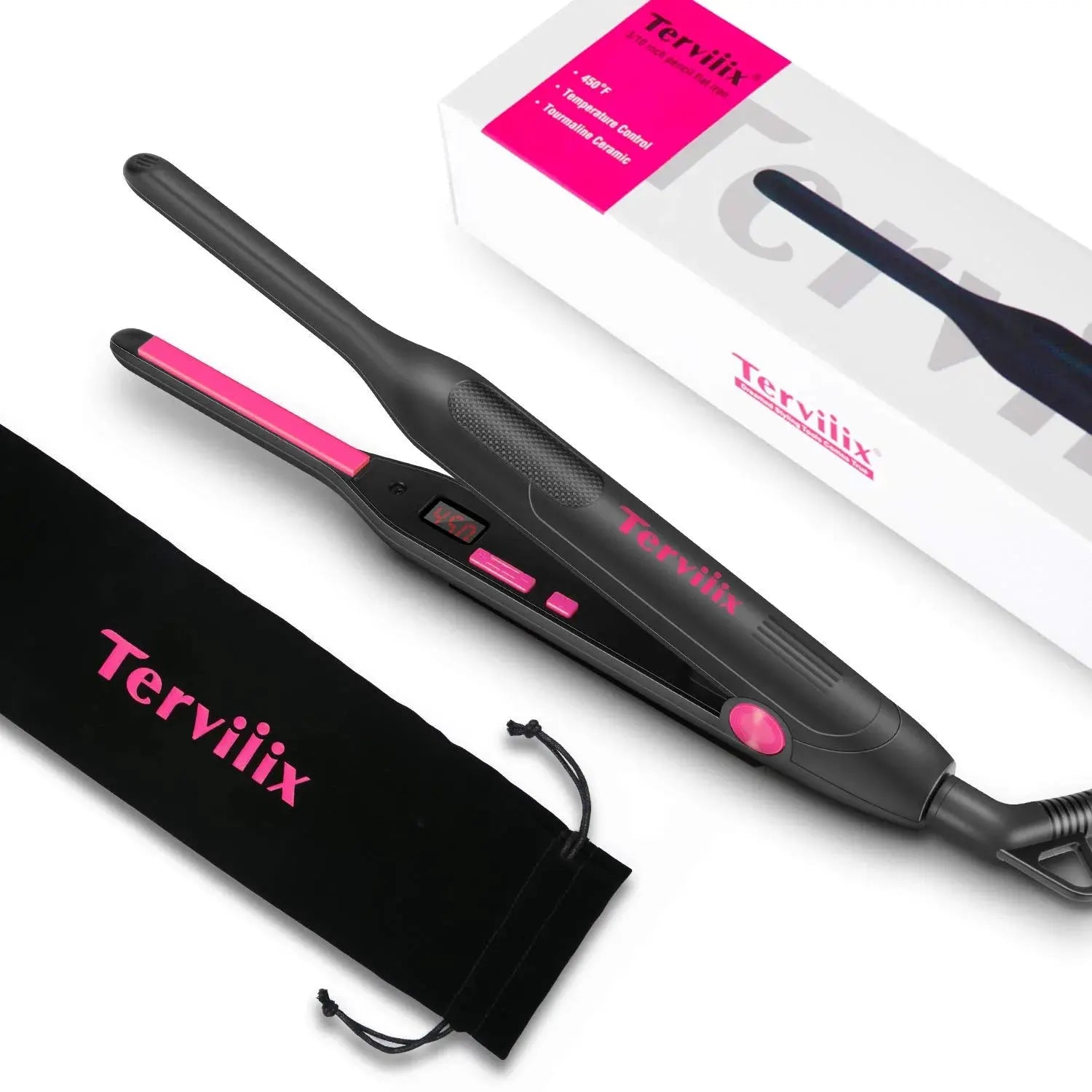 Ceramic Pencil Flat Iron, 3/10" Hair Straightener for Short Hair & Pixie Cut, Pink