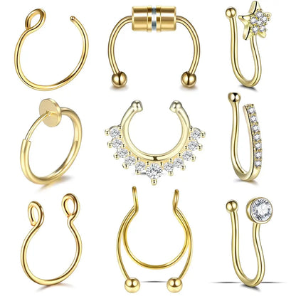 Faux Nose Septum Fake Nose Rings Fake Nose Piercing Studs Rings Stainless Steel Faux Nose Hoop Rings Non Piercing Jewelry for Women Men GlowBeautyCo.