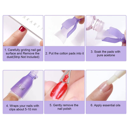 Makartt Gel Nail Polish Remover Clips Kit,With Double Ended Metal Cuticle Pusher,20 pcs Plastic Resuable Finger and Toe nail clips for removal Acrylic Nail Art Gel Polish Soak Off Cap Clip