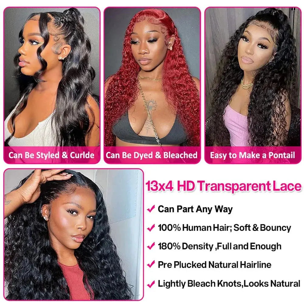 Human Hair Wigs 13×4 Water Wave HD Front Lace Wigs Brazilian Human Hair Wigs 180% Density for Black Women Natural Color 18 Inch