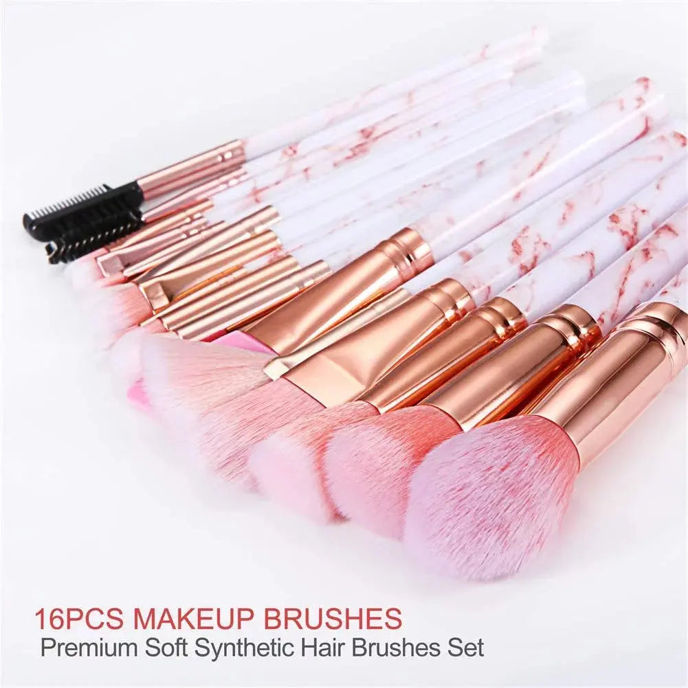 Makeup Brushes Sets 16PCS Pink Marble Make up Brushes Foundation Eyeshadow Concealer Eyebrow Blush Brush Set with Makeup Brush Holder and Silicone Mask Brush