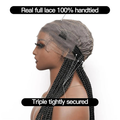 32" Boho Knotless Box Braided Wigs for Black Women Girls,Box Braided Wigs Full Lace Handmade with Human Hair Baby Hair,Human Hair Boho Braid Wig,Black