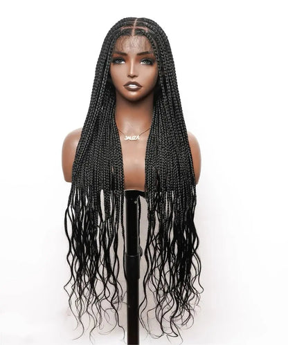 32" Boho Knotless Box Braided Wigs for Black Women Girls,Box Braided Wigs Full Lace Handmade with Human Hair Baby Hair,Human Hair Boho Braid Wig,Black