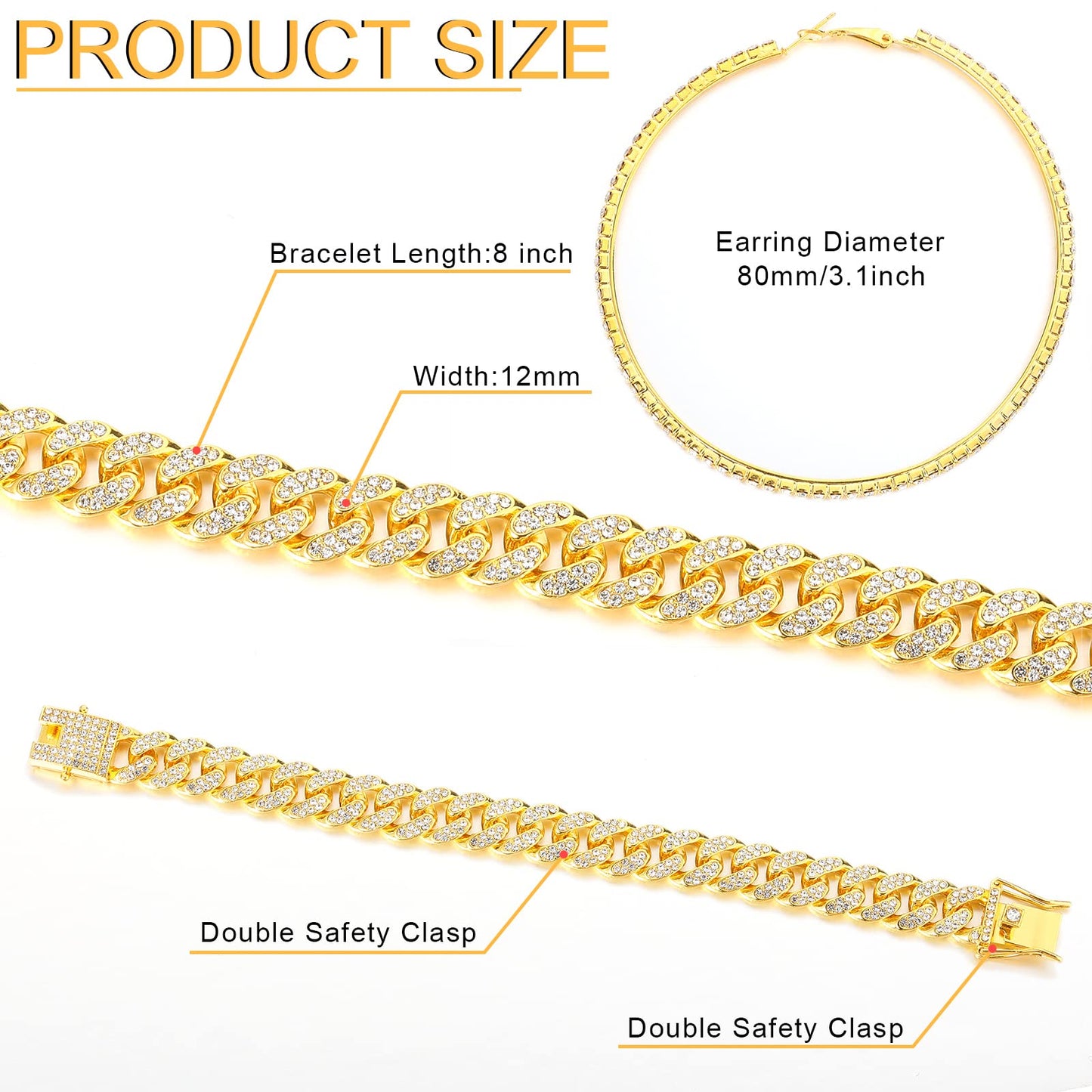 Batiyeer Cuban Link Chain Necklace Bracelet Rhinestone Earrings Bling Necklace Bracelet Crystal Big Circle Earring for Women