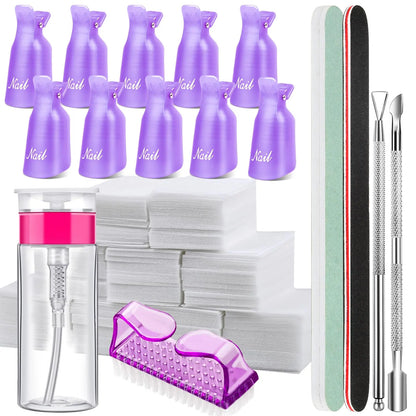 FANDAMEI Nail Polish Gel Remover Tools Kit, 10 Pcs Purple Nail Clips, 100ml Nail Polish Remover Bottle, 500 Pcs Remover Cotton Pad, Nail Brush, Cuticle Pusher, Cuticle Peeler, Nail File, Buffer Block