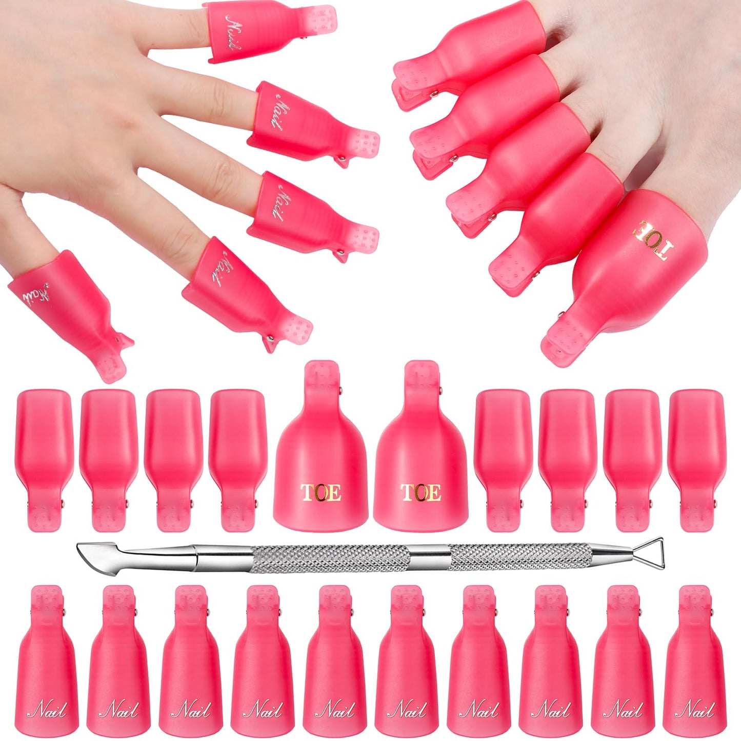 Makartt Gel Nail Polish Remover Clips Kit,With Double Ended Metal Cuticle Pusher,20 pcs Plastic Resuable Finger and Toe nail clips for removal Acrylic Nail Art Gel Polish Soak Off Cap Clip