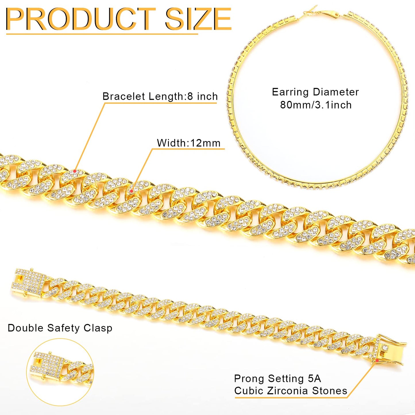 Batiyeer Cuban Link Chain Necklace Bracelet Rhinestone Earrings Bling Necklace Bracelet Crystal Big Circle Earring for Women