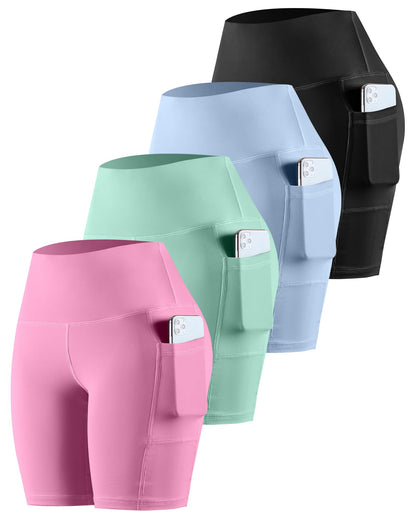 CHRLEISURE Womens Biker Shorts with Pockets: High Waisted Tummy Control Spandex Workout Yoga Athletic Gym Shorts 4 Packs GlowBeautyCo.