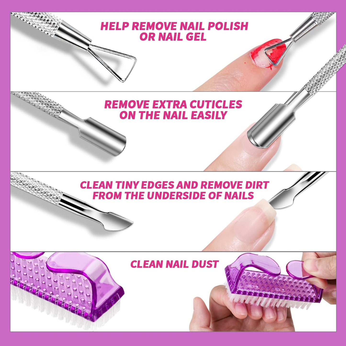 FANDAMEI Nail Polish Gel Remover Tools Kit, 10 Pcs Purple Nail Clips, 100ml Nail Polish Remover Bottle, 500 Pcs Remover Cotton Pad, Nail Brush, Cuticle Pusher, Cuticle Peeler, Nail File, Buffer Block