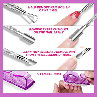 FANDAMEI Nail Polish Gel Remover Tools Kit, 10 Pcs Purple Nail Clips, 100ml Nail Polish Remover Bottle, 500 Pcs Remover Cotton Pad, Nail Brush, Cuticle Pusher, Cuticle Peeler, Nail File, Buffer Block