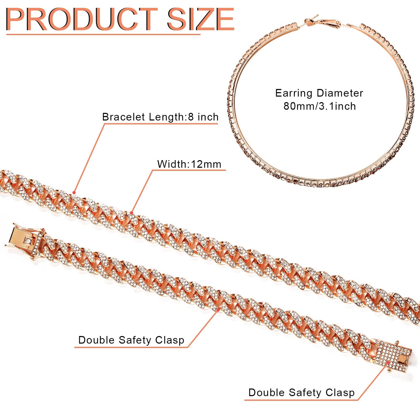 Batiyeer Cuban Link Chain Necklace Bracelet Rhinestone Earrings Bling Necklace Bracelet Crystal Big Circle Earring for Women