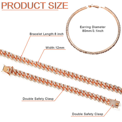 Batiyeer Cuban Link Chain Necklace Bracelet Rhinestone Earrings Bling Necklace Bracelet Crystal Big Circle Earring for Women