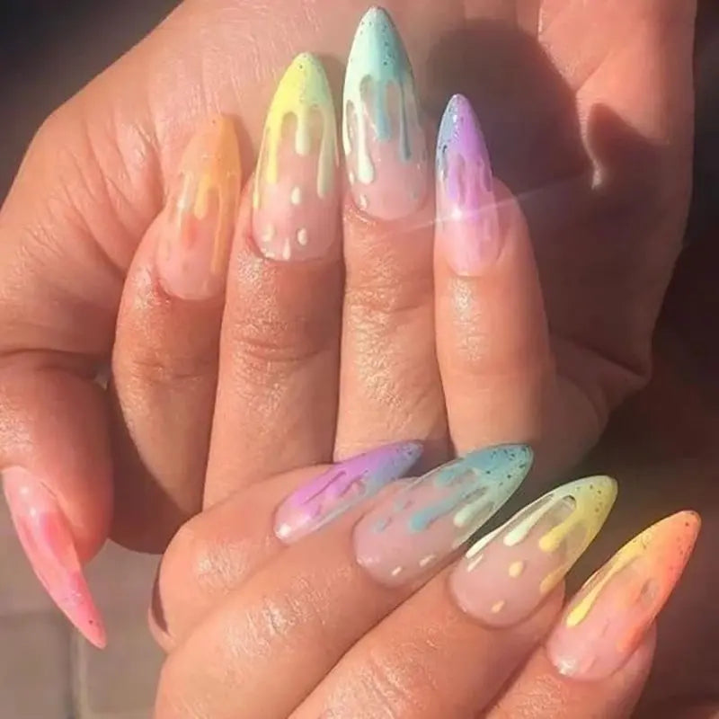 24Pcs Long Fake Nails Almond Press on Nail French Tip Glue on Nails Rainbow Ice Cream Design Acrylic Nails Almond Nails for Women and Girls