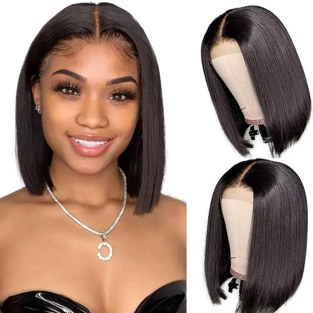 Human Hair Bob Wig Straight Black Bob Wigs Lace Front for Women Short 4X4 Lace Closure Wigs Pre Plucked Brazilian Virgin Cheap Natural Color Middle Part 10 Inch