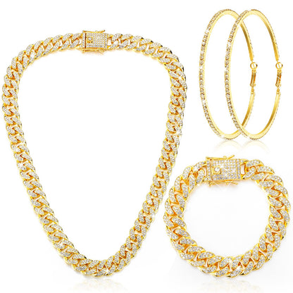 Batiyeer Cuban Link Chain Necklace Bracelet Rhinestone Earrings Bling Necklace Bracelet Crystal Big Circle Earring for Women