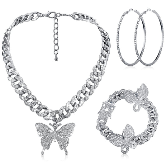 3 Pieces Butterfly Cuban Jewelry Set Cuban Link Chain Necklace for Women Rhinestone Butterfly Pendant Necklace Rhinestone Bracelet Large Hoop Earrings Bling Earrings