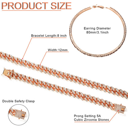 Batiyeer Cuban Link Chain Necklace Bracelet Rhinestone Earrings Bling Necklace Bracelet Crystal Big Circle Earring for Women