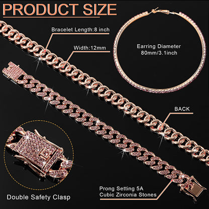 Batiyeer Cuban Link Chain Necklace Bracelet Rhinestone Earrings Bling Necklace Bracelet Crystal Big Circle Earring for Women