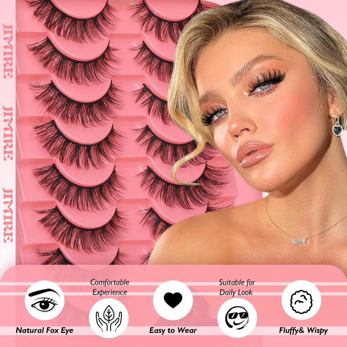 JIMIRE Mink Lashes Fluffy Cat Eye False Eyelashes Volume Wispy Fox Eye Full 17MM Thick Fake Lashes Look Like Eyelash Extensions Pestañas7 Pairs Pack GlowBeautyCo.