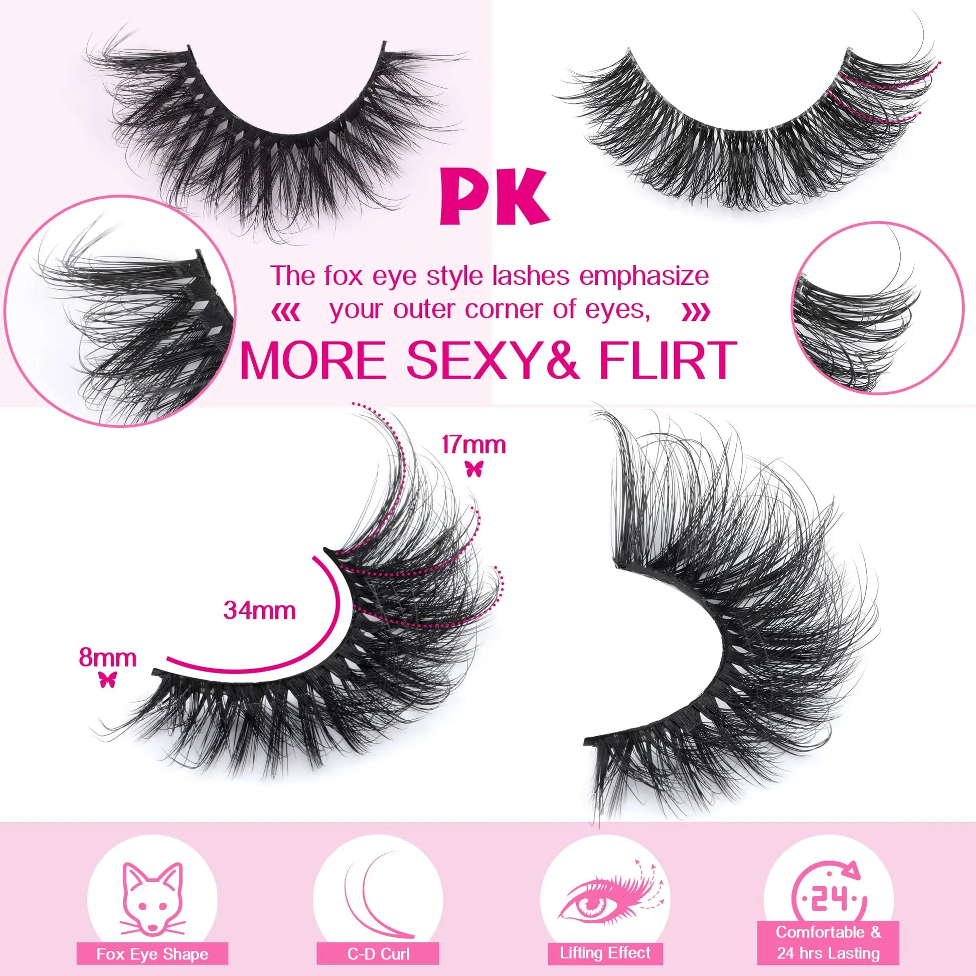 JIMIRE Mink Lashes Fluffy Cat Eye False Eyelashes Volume Wispy Fox Eye Full 17MM Thick Fake Lashes Look Like Eyelash Extensions Pestañas7 Pairs Pack GlowBeautyCo.