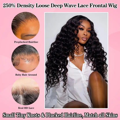 MEIMEI 28 Inch 250% Density HD Full Lace Front Wigs Human Hair Loose Wave 15A Grade Real Full Large Lace Space 13x4 Loose Deep Wave Lace Frontal Wigs Human Hair Pre Plucked for Black Women GlowBeautyCo.