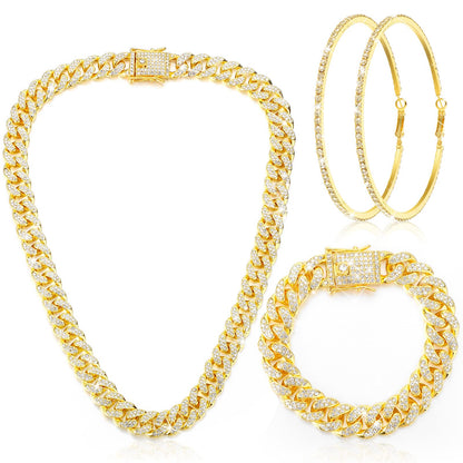 Batiyeer Cuban Link Chain Necklace Bracelet Rhinestone Earrings Bling Necklace Bracelet Crystal Big Circle Earring for Women