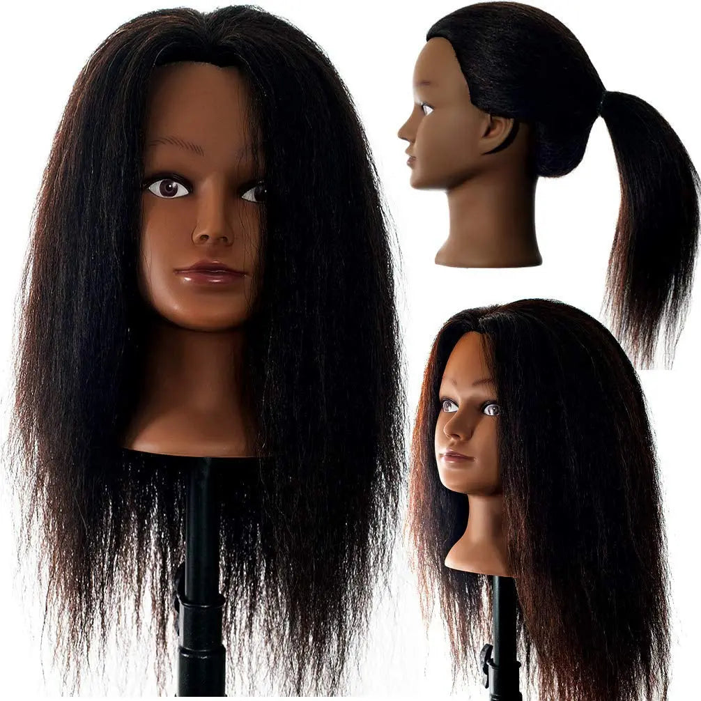 100% Real Hair Mannequin 22"-24" Afro Fluffy Light Yaki Kinky Straight Textured Cosmetology Beauty School Head Included C-Clamp Free of Purchase Black(22~24 Inch, #2)#2