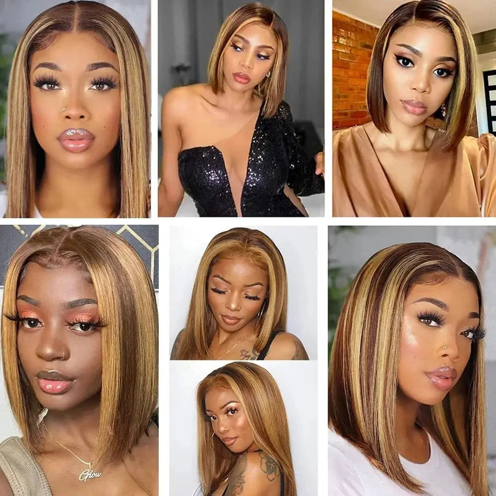 Ombre Highlight Lace Front Bob Wig - 10 Inch Human Hair Straight Wig with 13X4 Lace Frontal, 180% Density, Pre-Plucked, Ombre Blonde for Women