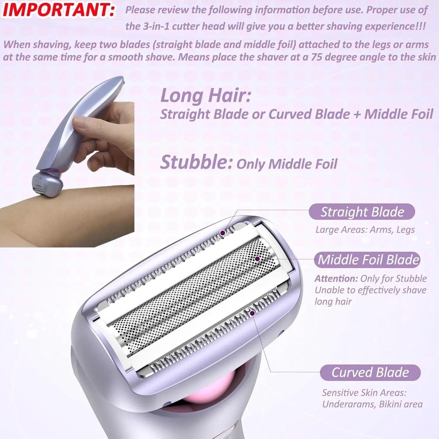 Electric Shaver for Women Legs, Lady Razors Hair Removal Waterproof Wet or Dry for Underarm Arm Bikini Private Area Pubic Hair, Portable Painless Ladies Body Hair Trimmer Remover (Purple