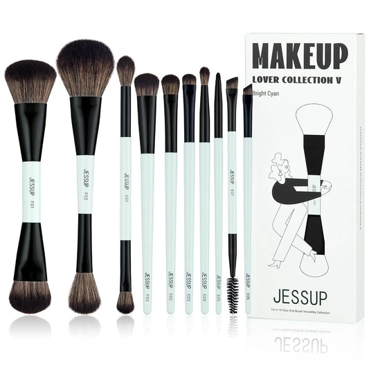 Makeup Brushes Set 10Pcs, Double Sided Foundation Contour Blush Highlight Blending Eyebrow Brush Eyeshadow Eyeliner Concealer Brush, Bright Cyan Cruelty Free Cosmetic Tools T500