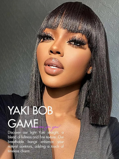 12 Inch Light Yaki Straight Bob Wig with Bangs Human Hair Realistic HD Lace Short Black Bob Wigs, Ready to Go Blunt Cut Bob Wig Glueless 180 Density