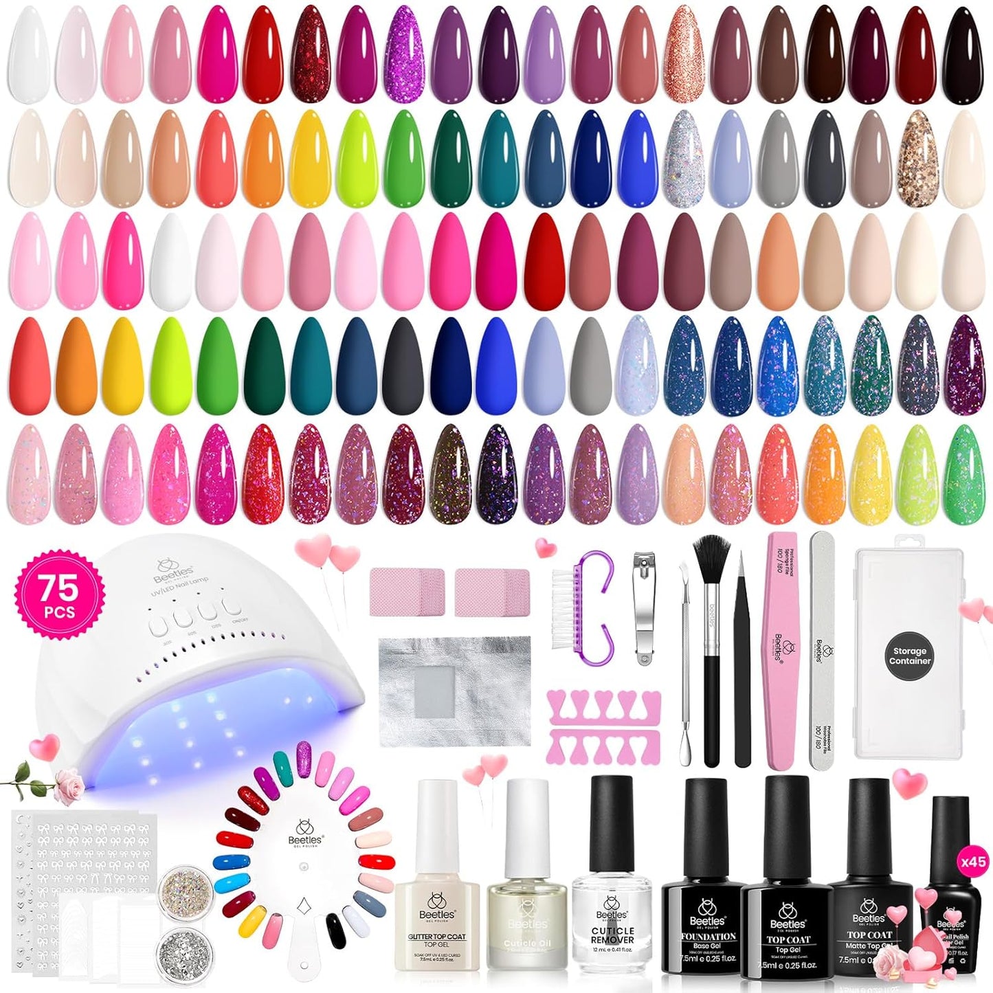 Beetles Gel Nail Polish Kit with U V Light-75Pcs Chic Outfits 45 Colors Gel Polish Starter Kit with 5PCS Base Top Coat Manicure Tools Gift for Women