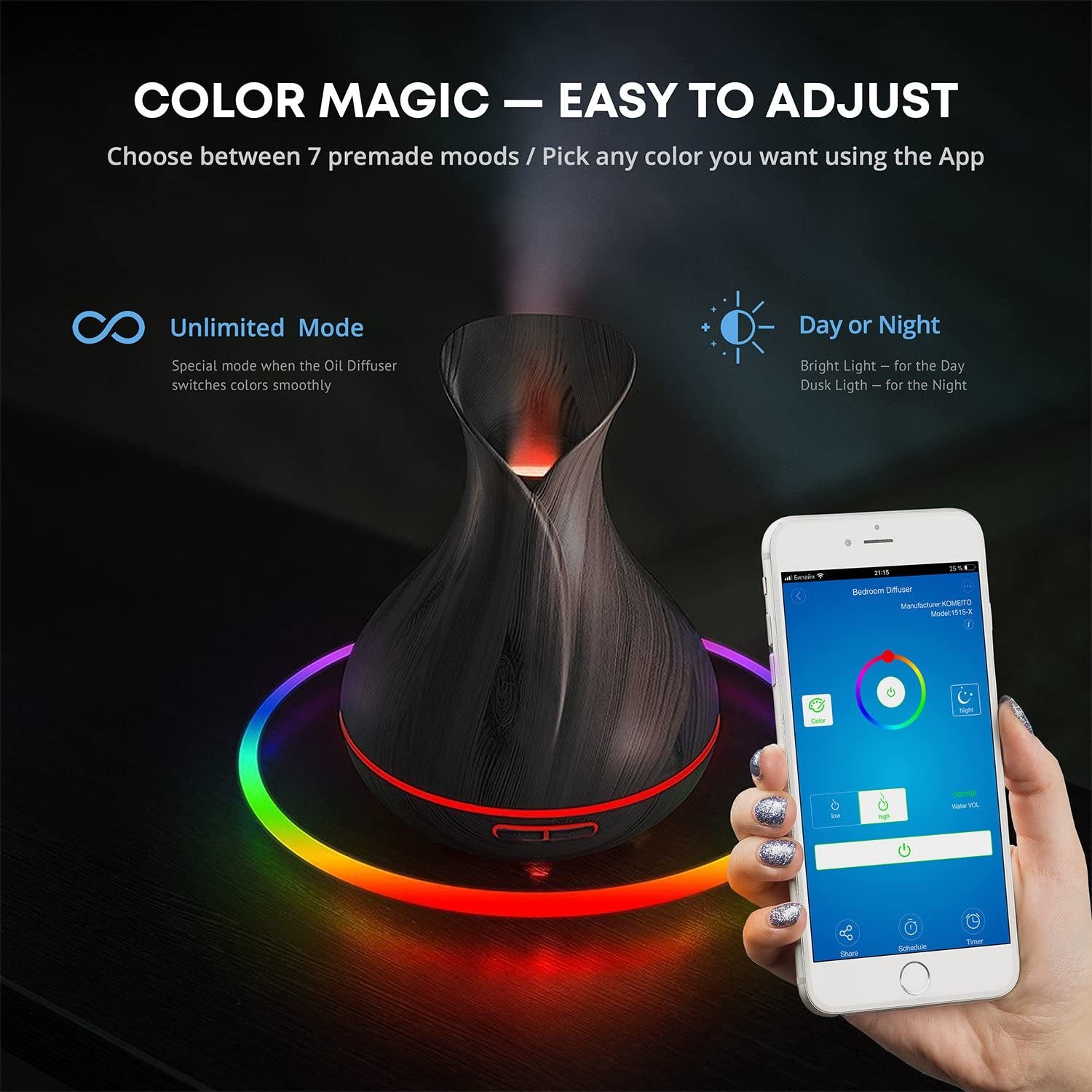 Smart Wifi Wireless Essential Oil Aromatherapy 400Ml Ultrasonic Diffuser & Humidifier with Alexa & Google Home Phone App & Voice Control - Create Schedules - LED & Timer Settings Dark Brown