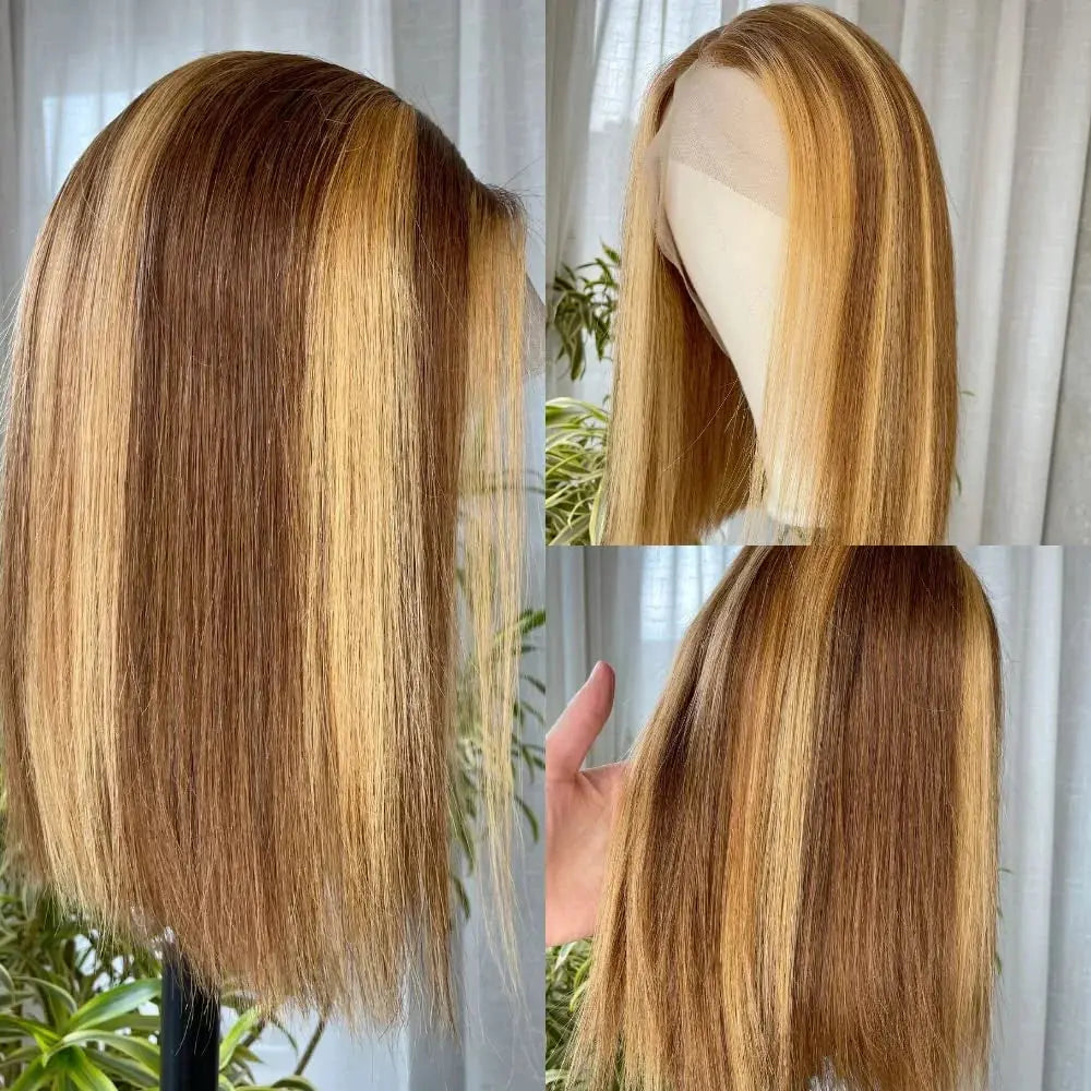 Ombre Highlight Lace Front Bob Wig - 10 Inch Human Hair Straight Wig with 13X4 Lace Frontal, 180% Density, Pre-Plucked, Ombre Blonde for Women