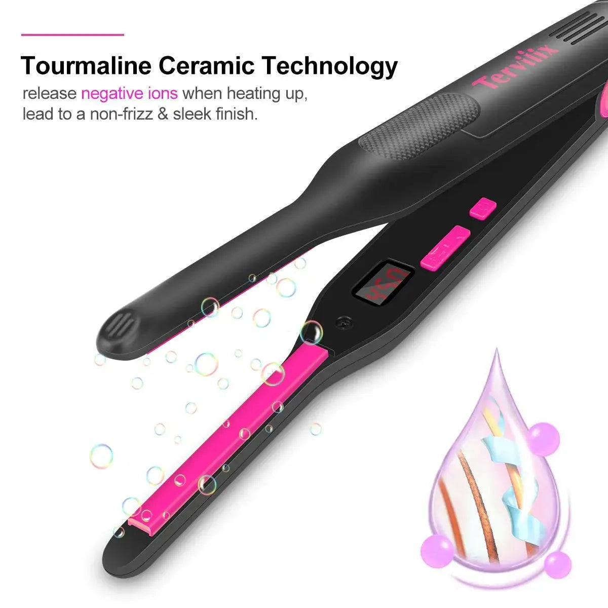 Ceramic Pencil Flat Iron, 3/10" Hair Straightener for Short Hair & Pixie Cut, Pink