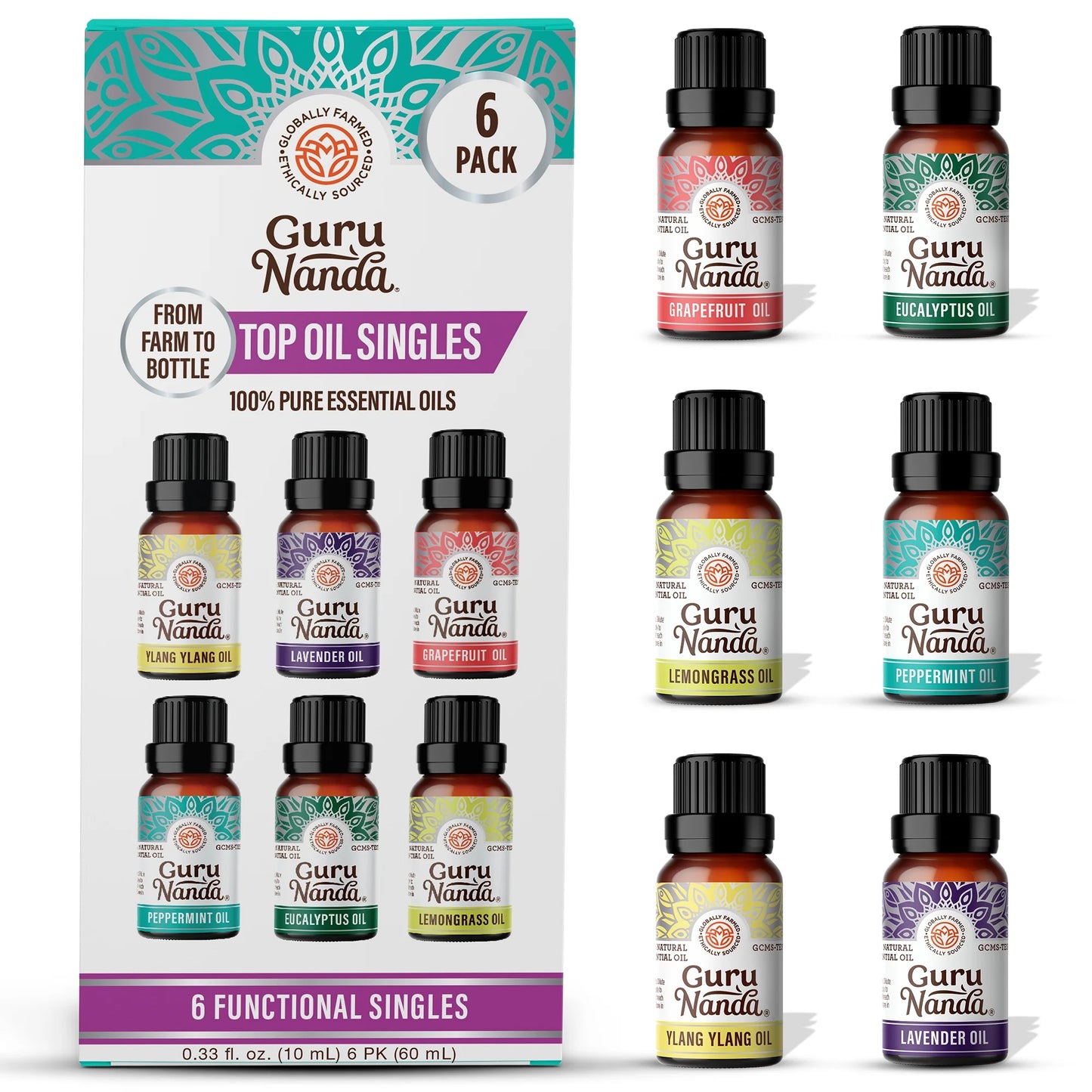 100% Pure Essential Oils - Aromatherapy Singles - Variety of Scents - Set of 6