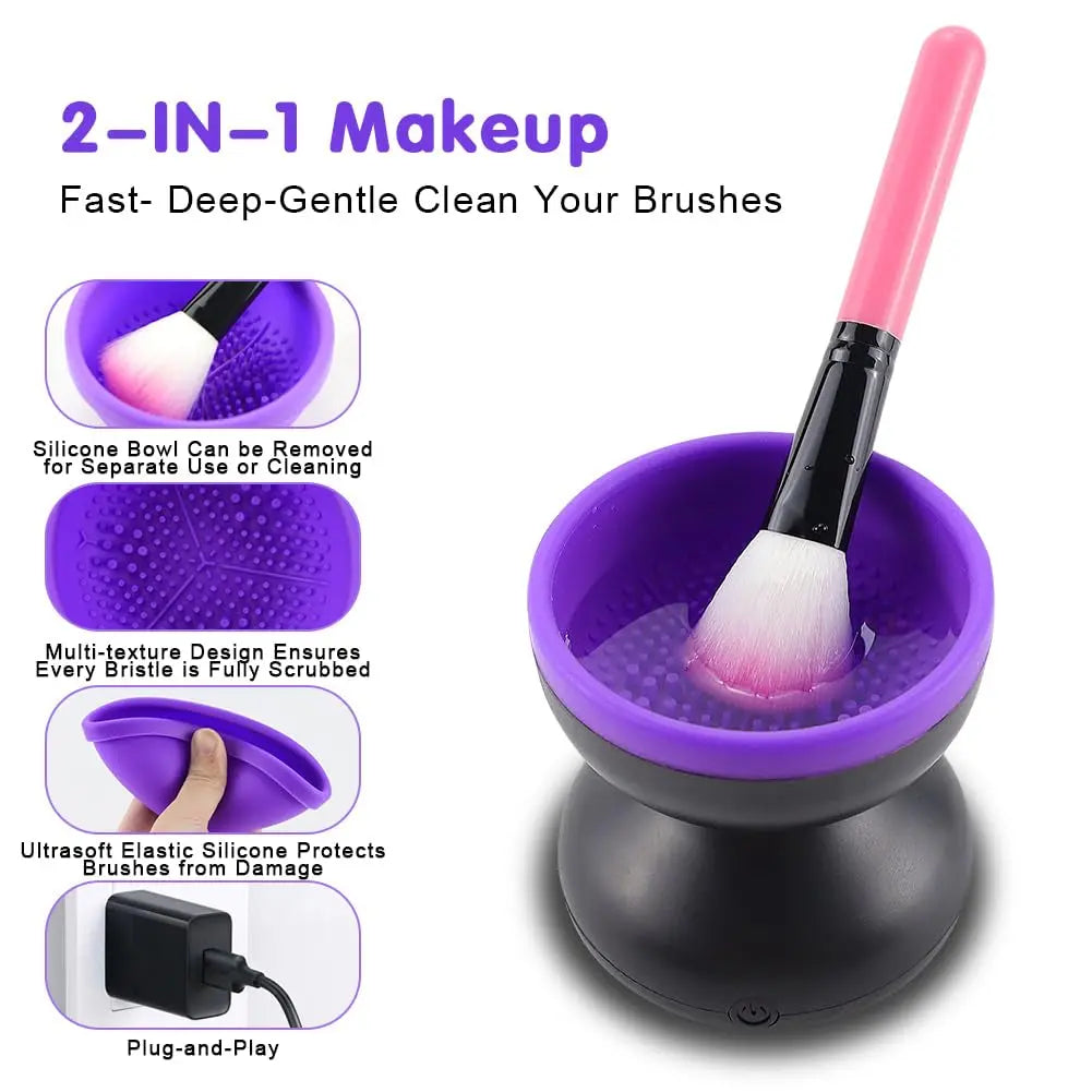 Electric Makeup Brush Cleaner, Silicone Brush Cleaner Machine for Portable Automatic USB Cosmetic Brush Cleaner Tools, Brush Cleaner Spinner for All Size Beauty Makeup Brushes