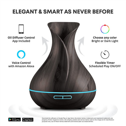 Smart Wifi Wireless Essential Oil Aromatherapy 400Ml Ultrasonic Diffuser & Humidifier with Alexa & Google Home Phone App & Voice Control - Create Schedules - LED & Timer Settings Dark Brown